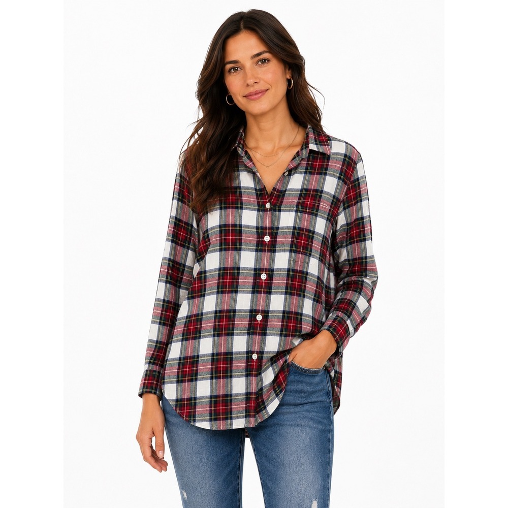 J.Crew Button Down Shirt Womens L Red Plaid Perfect Fit Long Sleeve Preppy Top